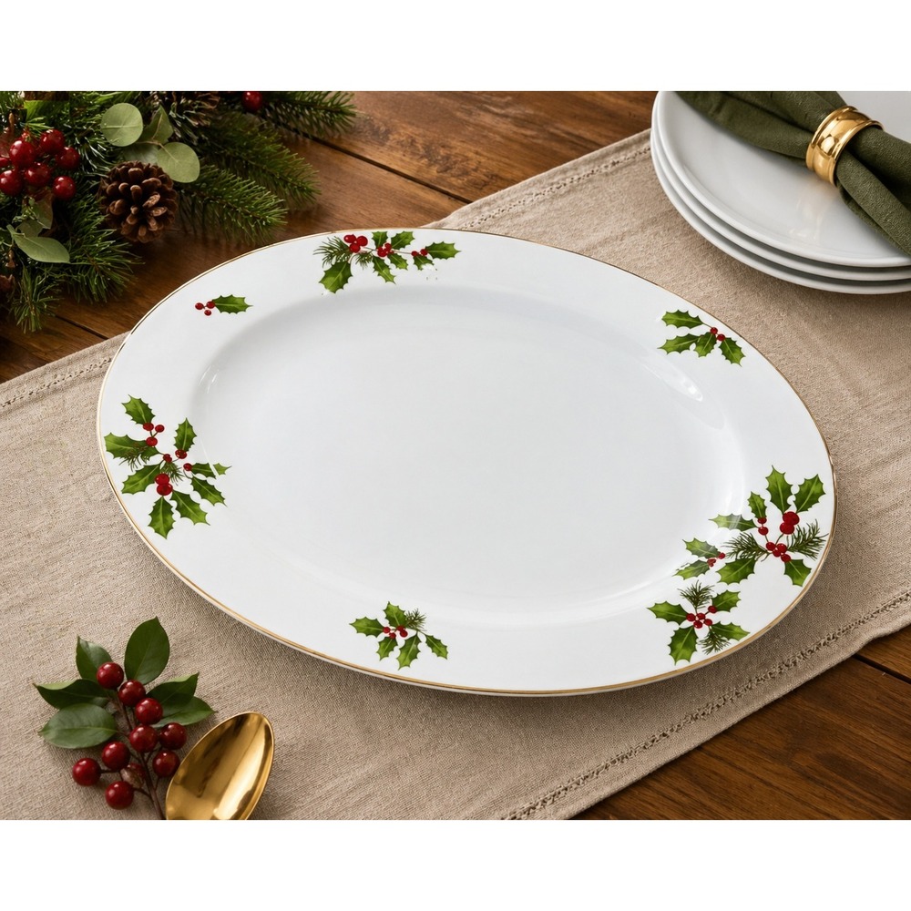 Better Homes Gardens Christmas‎ Oval Platter 15.5" Holly Berry Serving Plate